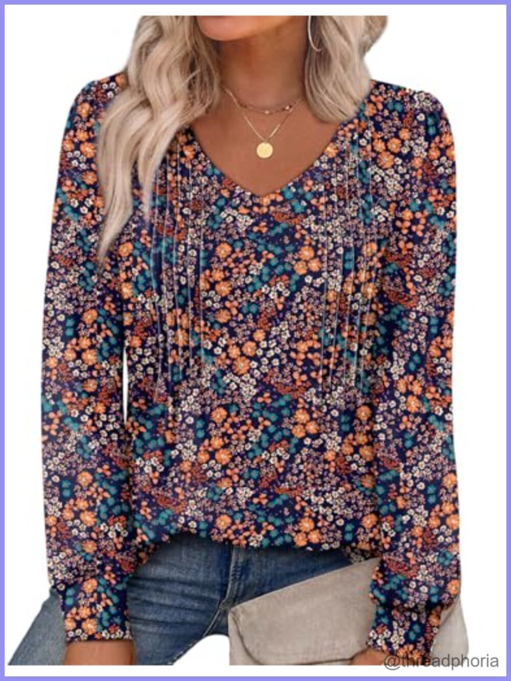 V-Neck Long Sleeve Pleated Tunic Blouse Women's Print Top